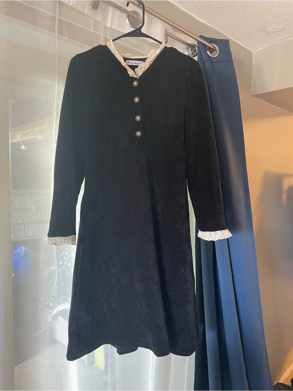 Black Corduroy Dress with Lace Trim